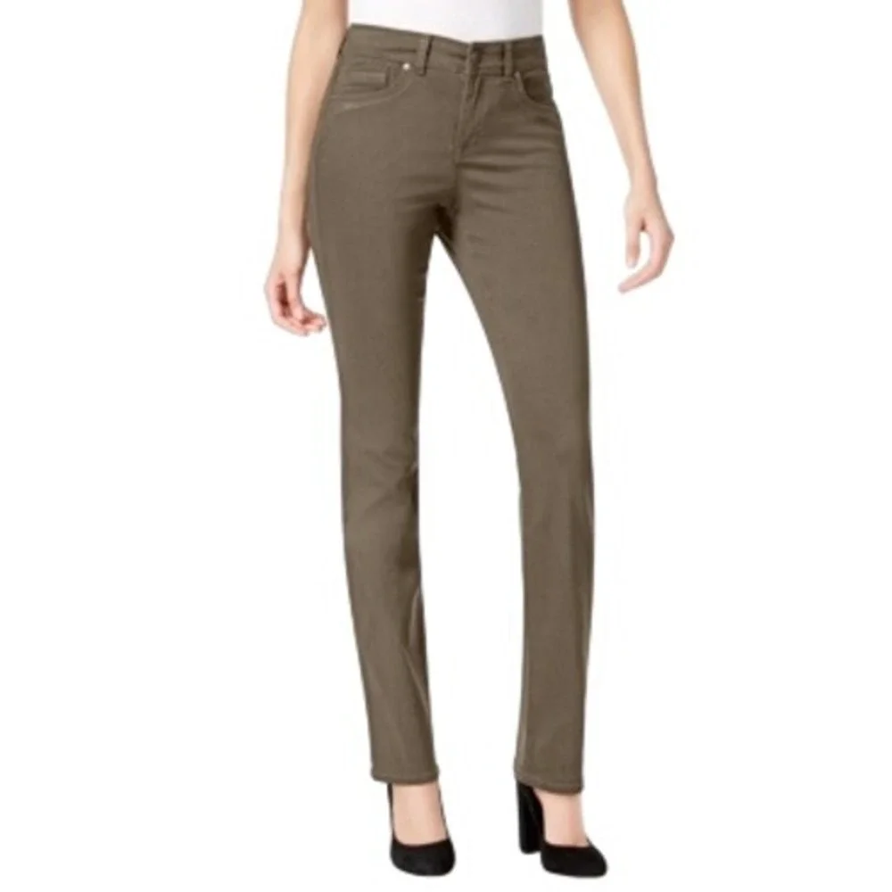 405. Style & Co Women's Rail Tummy-Control Straight-Leg Jeans Olive Size 14S